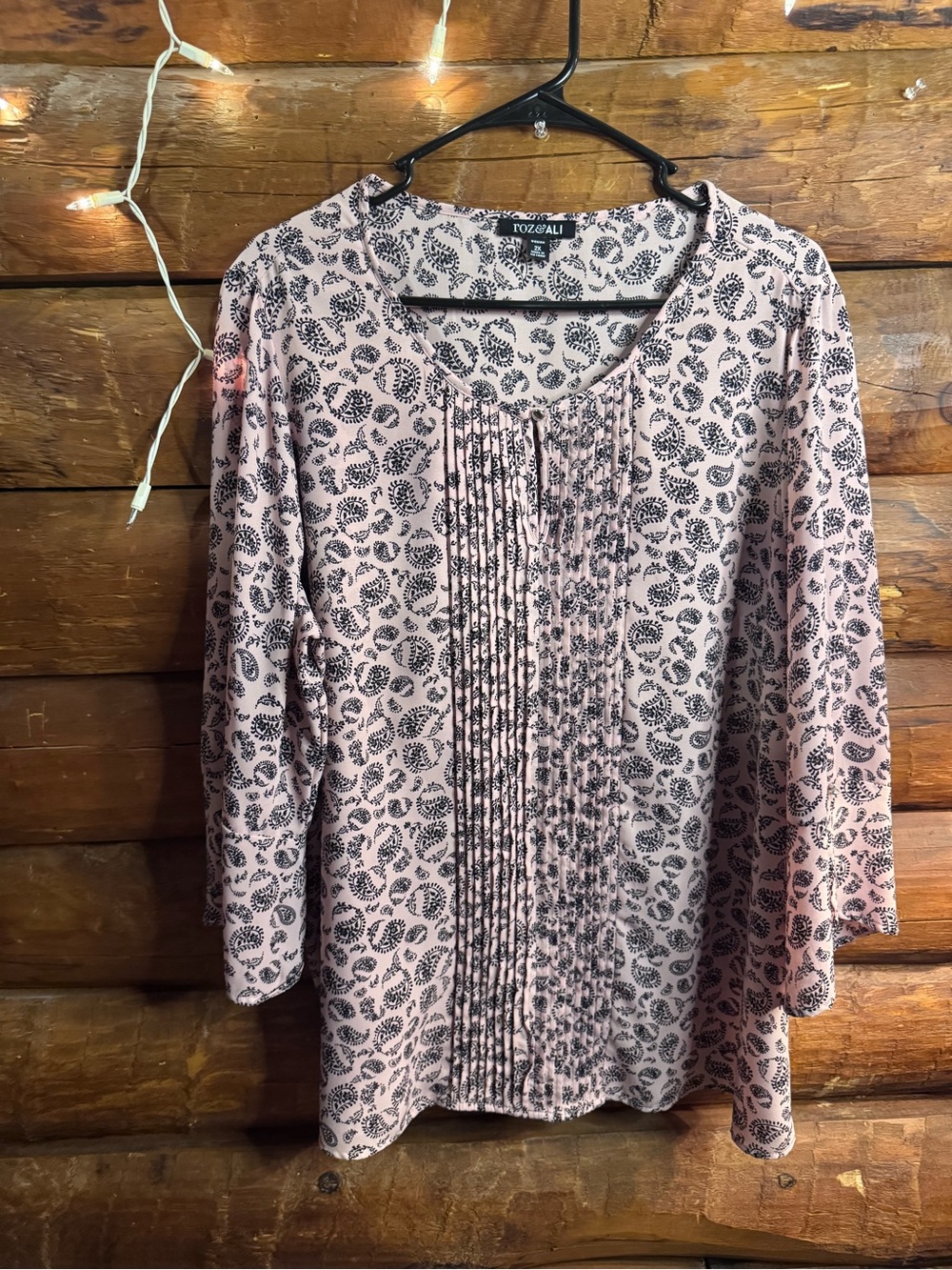 Roz & Ali Pink Paisley Pintuck Top with Black Print